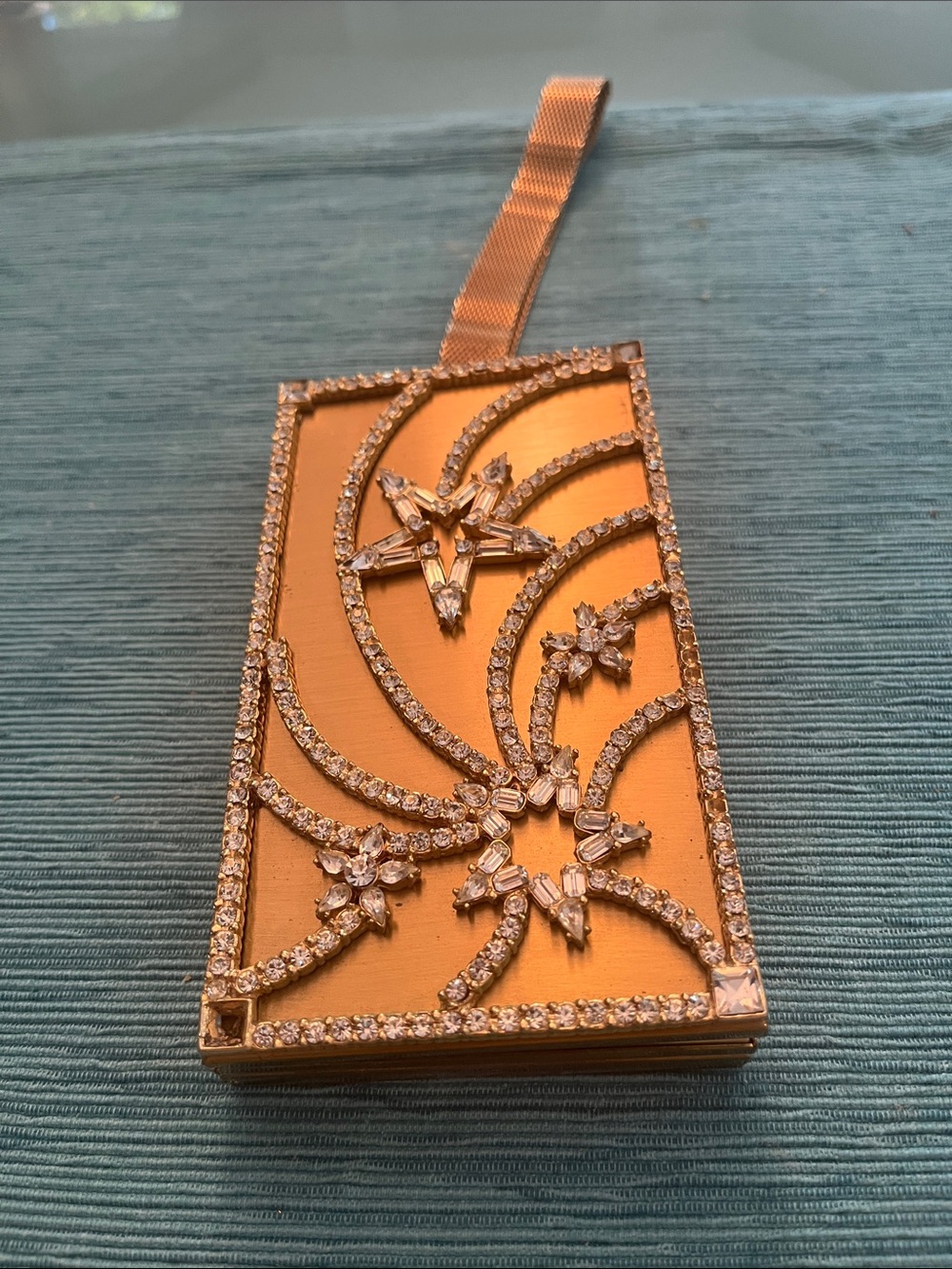 Retro metal and rhinestone gold tone carryall vanity case / minaudiere.